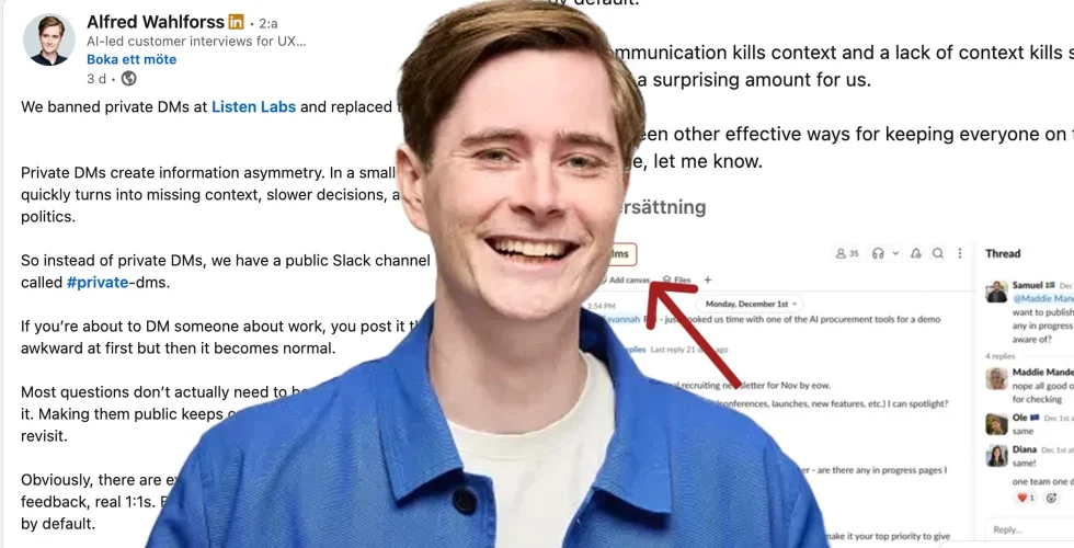 Grundarens nya drag – förbjuder privata chattar på Listen Labs: "Stelt i början"