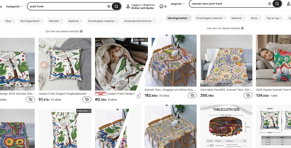 “Svenskt Tenn” och “Josef Frank” på Temu – “Bevakar löpande”