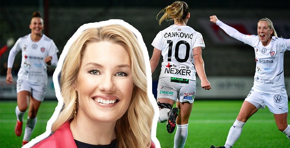Hanna Marklund, delägare i Photon Sports. I bakgrunden Rosengård-spelare som firar. Foto: Press / TT