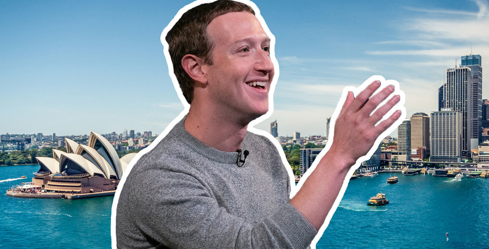 Bild på Mark Zuckerberg frilagd framför genrebild från Sydney i Australien.