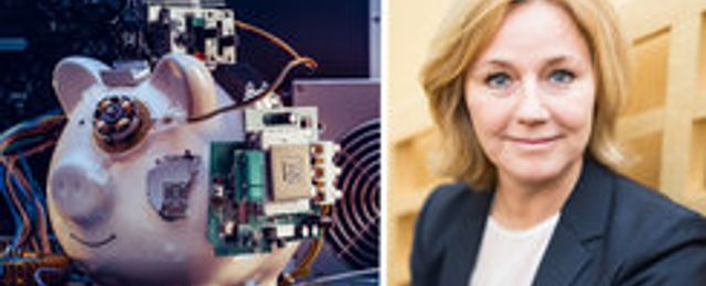 Fundlers nya vd Anna-Lena Wretman och en spargris som byggts om till en robot.